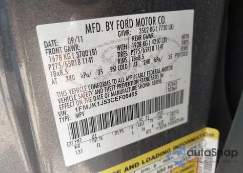 2012 Ford Expedition El Xlt из США, поврежденный, VIN 1FMJK1J53CEF06455